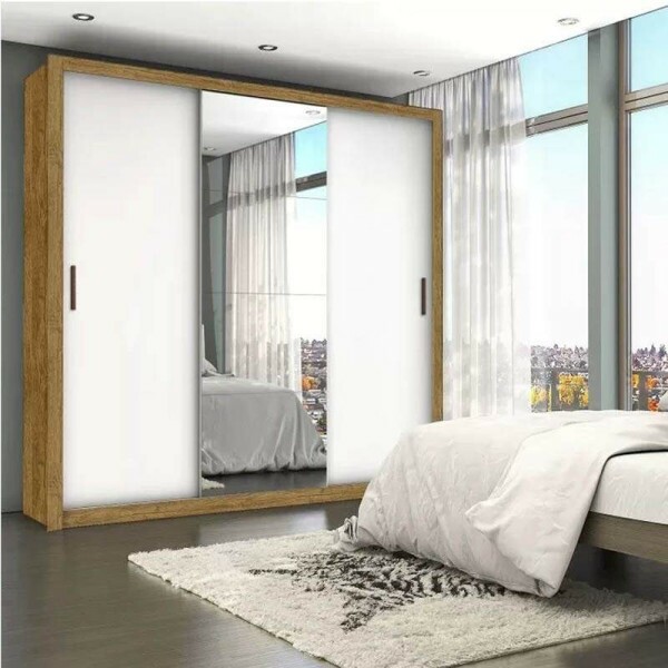 Roupeiro Casal Veneza Cinamomo/Branco 3 Portas 4 Gavetas C/ 1 Espelho Larg. 1.88m - Carioca