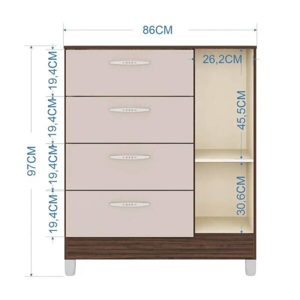 Cmoda com 1 Porta 4 Gavetas Chocolate/Off Larg. 0.86m - Poquema