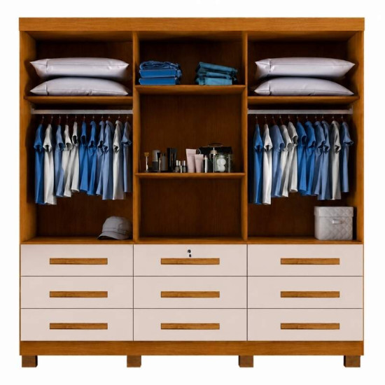 Guarda-roupa 1,80m Athenas Nature/Off 3 Portas 9 Gavetas com Espelho e P�s - Bianchi