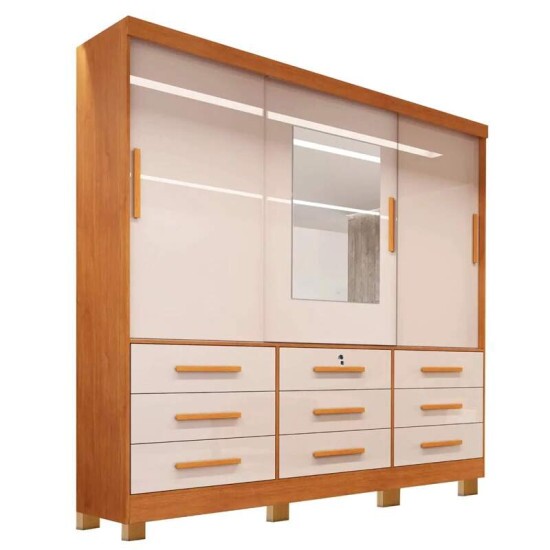 Guarda-roupa Casal Athenas Nature/Off 3 Portas 9 Gavetas C/ Espelho e Ps 100% MDF Larg. 1.80m - Bianchi
