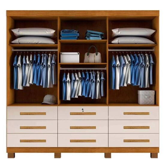 Guarda-roupa Casal Athenas Nature/Off 3 Portas 9 Gavetas C/ Espelho e Ps 100% MDF Larg. 1.80m - Bianchi