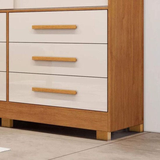 Guarda-roupa Casal Athenas Nature/Off 3 Portas 9 Gavetas C/ Espelho e Ps 100% MDF Larg. 1.80m - Bianchi