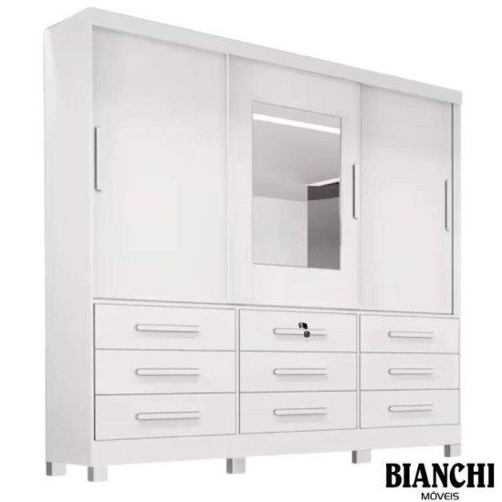 Guarda-roupa 1,80m Athenas Branco 3 Portas 9 Gavetas 100% MDF com Espelho e P�s - Bianchi