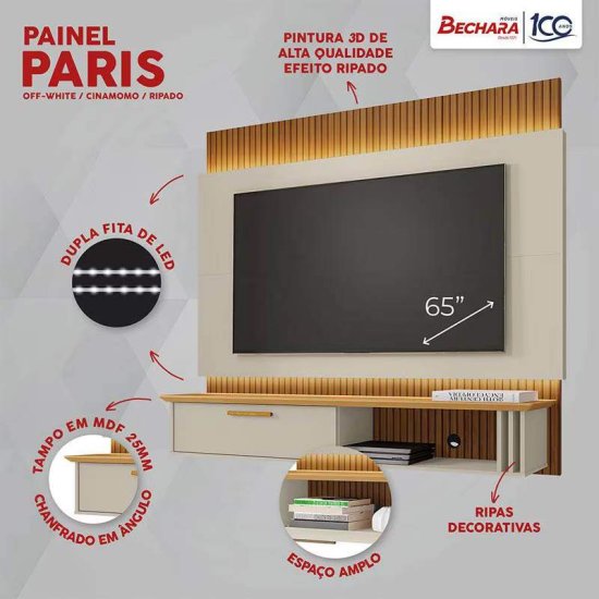 Painel 1,60m Paris Off/Nature com Impress�o Ripada 3D e LED para TV at� 65\" - Bechara