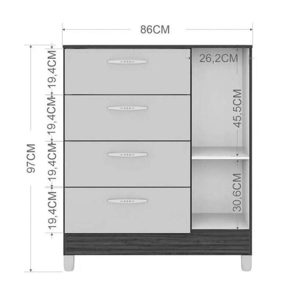Cmoda com 1 Porta 4 Gavetas Branco Larg. 0.86m - Poquema