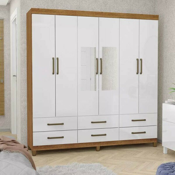 Roupeiro Dallas Cinamomo/Branco 6 Portas 6 Gavetas C/ Espelho e Ps Larg. 1.53m - Carioca