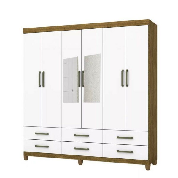 Roupeiro Dallas Cinamomo/Branco 6 Portas 6 Gavetas C/ Espelho e Ps Larg. 1.53m - Carioca