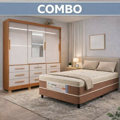 Combo - Guarda-roupa Athenas 3 Portas Nature/Off C/Espelho e P�s Larg. 1.80m Bianchi + Unibox Box Casal Ortop�dico D33 Rondoconfort | Suporta at� 300kg
