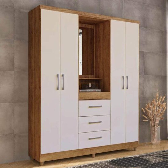 Guarda-roupa Solteiro 1,50m Capelinha Lyon Cedro/Areia 4 Portas 3 Gavetas com Espelho e P�s - Rud Rack