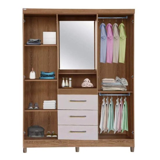 Guarda-roupa Solteiro 1,50m Capelinha Lyon Cedro/Areia 4 Portas 3 Gavetas com Espelho e P�s - Rud Rack
