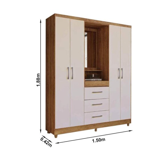 Guarda-roupa Solteiro 1,50m Capelinha Lyon Cedro/Areia 4 Portas 3 Gavetas com Espelho e P�s - Rud Rack