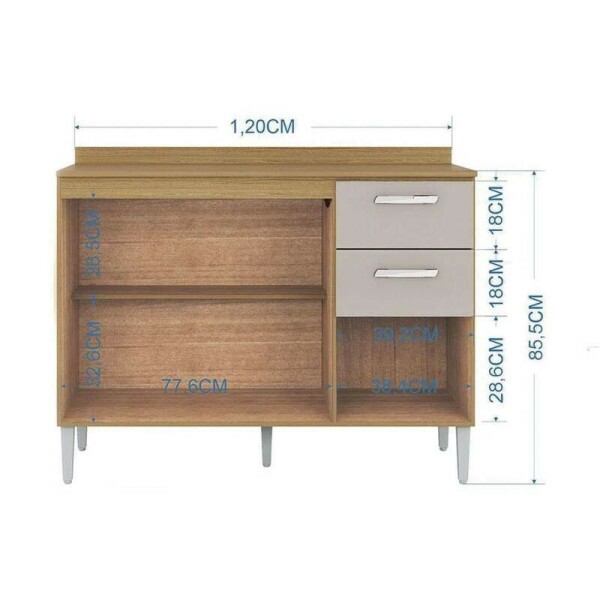 Balco Cozinha Damasco/Off 3 Portas 2 Gavetas C/ Tampo Larg. 1.20m - Poquema