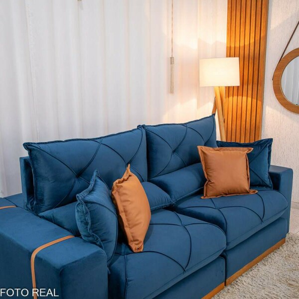 Sof Retrtil Reclinvel Gran Bello 2.50m Veludo Azul 03 - Molas Ensacadas Pocket