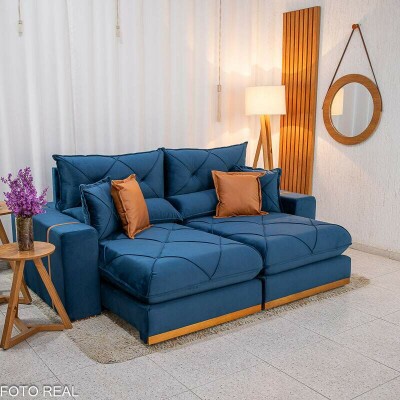 Sof� Retr�til Reclin�vel Gran Bello 2.30m Veludo Azul 03 - Molas Ensacadas Pocket