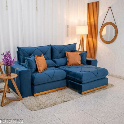 Sof� Retr�til Reclin�vel Gran Bello 2.30m Veludo Azul 03 - Molas Ensacadas Pocket