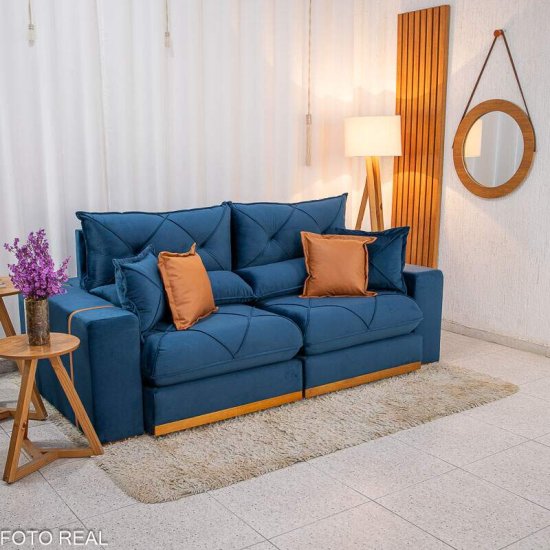 Sof� Retr�til Reclin�vel Gran Bello 2,30m Veludo Azul 03 - Molas Ensacadas
