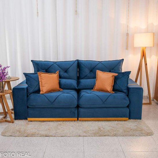 Sof� Retr�til Reclin�vel Gran Bello 2,30m Veludo Azul 03 - Molas Ensacadas