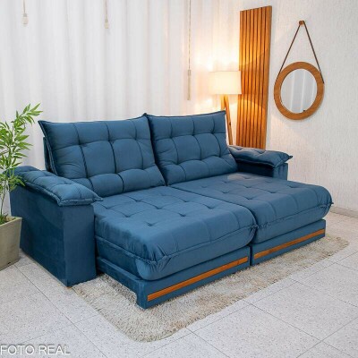 Sof Retrtil Reclinvel Barcelona 2.30m Veludo Azul 325 - D28 e Molas Ensacadas