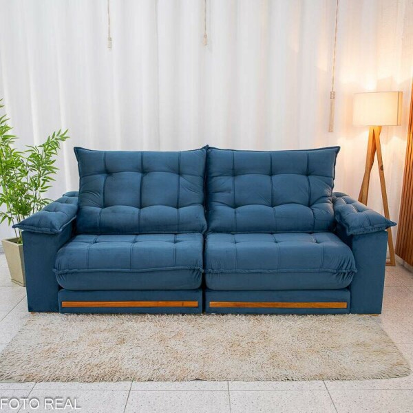 Sof Retrtil Reclinvel Barcelona 2.30m Veludo Azul 325 - D28 e Molas Ensacadas