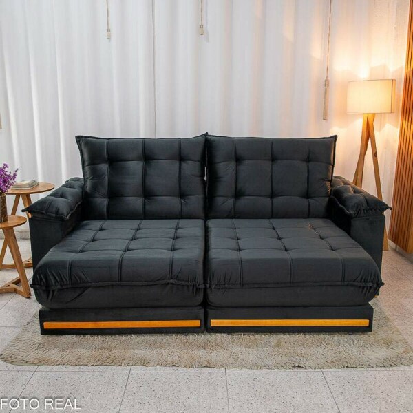 Sof Retrtil Reclinvel Barcelona 2.30m Veludo Preto 322 - D28 e Molas Ensacadas