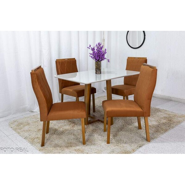 Mesa de Jantar Pedro Mel Vidro Off 12080 4 Cadeiras Lisboa Veludo Terracota 513 Madeira Macia Entregue Montada - Art Assento