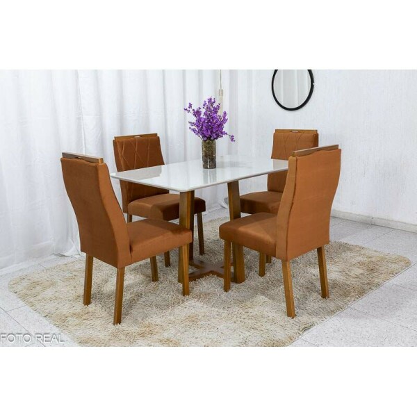 Mesa de Jantar Pedro Mel Vidro Off 12080 4 Cadeiras Lisboa Veludo Terracota 513 Madeira Macia Entregue Montada - Art Assento