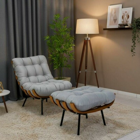 Poltrona com Puff Florena Veludo Prata 823