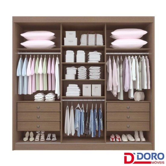 Guarda-roupa Casal Cristal Castanho/Linho 3 Portas 6 Gavetas 100% MDF Portas Flex Larg. 2.42m - D Doro