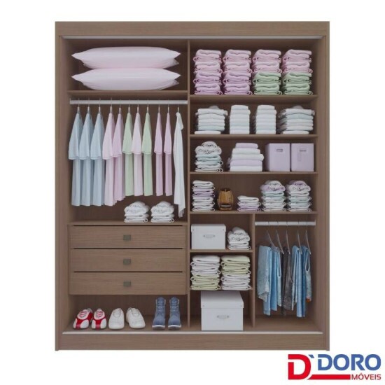 Roupeiro Atenas Castanho/Linho 2 Portas C/ 1 Espelho 3 Gavetas Portas Flex 100% MDF Larg. 1.85m - D Doro