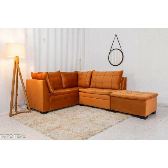 Sof Canto 5 lugares com Puff Viena Veludo Terracota A62