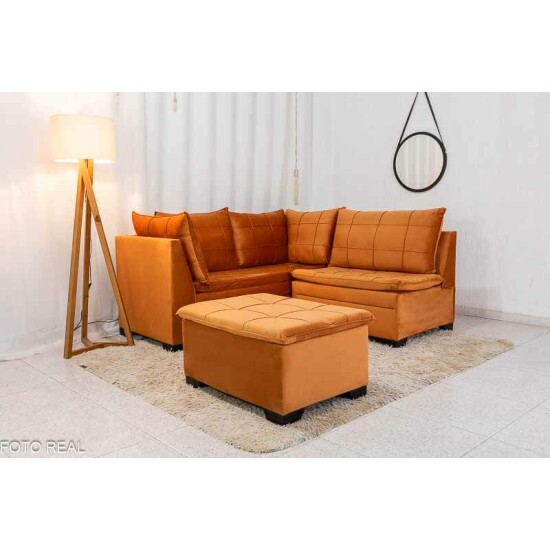 Sof Canto 5 lugares com Puff Viena Veludo Terracota A62