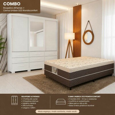 Combo - Guarda-roupa Athenas C/Espelho 3 Pts. 9 Gav. Branco Larg. 1.80m C/P�s Bianchi + Cama Unibox Casal D33 Rondoconfort Rondom�veis