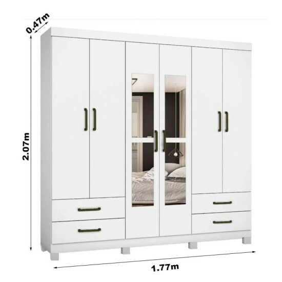 Guarda-roupa Casal Hercules Branco 6 Portas 4 Gavetas C/ Espelho e Ps Larg. 1.77m - Carioca