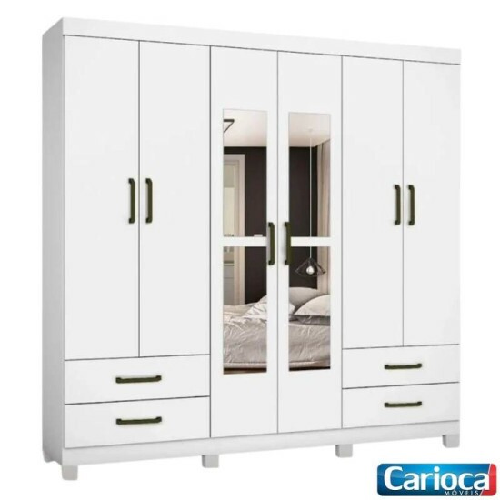 Guarda-roupa Casal Hercules Branco 6 Portas 4 Gavetas C/ Espelho e Ps Larg. 1.77m - Carioca