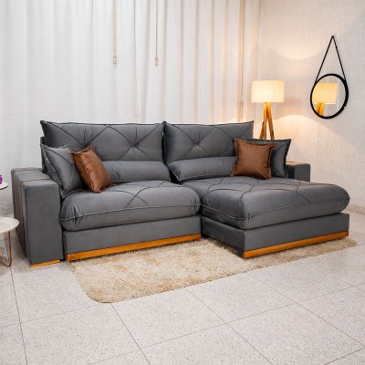 Sof� Retr�til Reclin�vel Gran Bello 2,90m Veludo Cinza 20 - Molas Ensacadas
