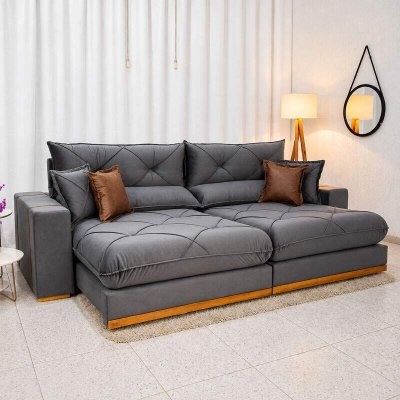Sof� Retr�til Reclin�vel Gran Bello 2,90m Veludo Cinza 20 - Molas Ensacadas