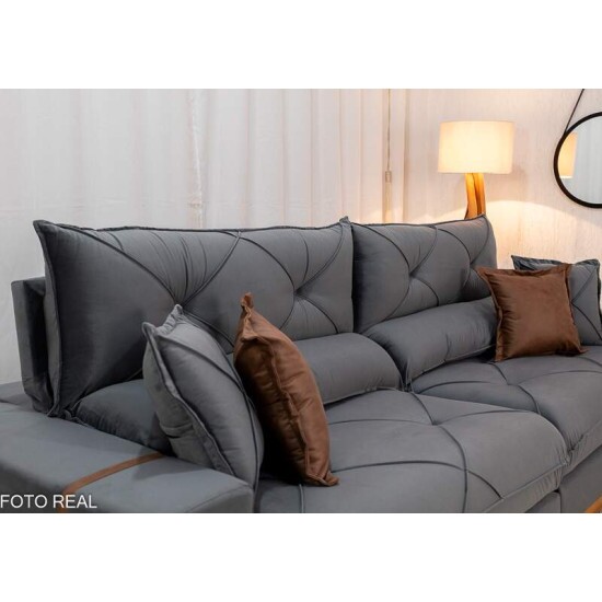 Sof Retrtil Reclinvel Gran Bello 2.90m Veludo Cinza 20 - Molas Ensacadas