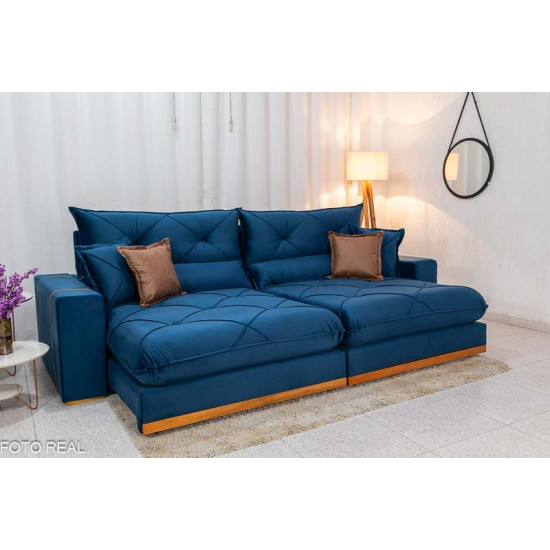 Sof� Retr�til Reclin�vel Gran Bello 2,90m Veludo Azul - Molas Ensacadas