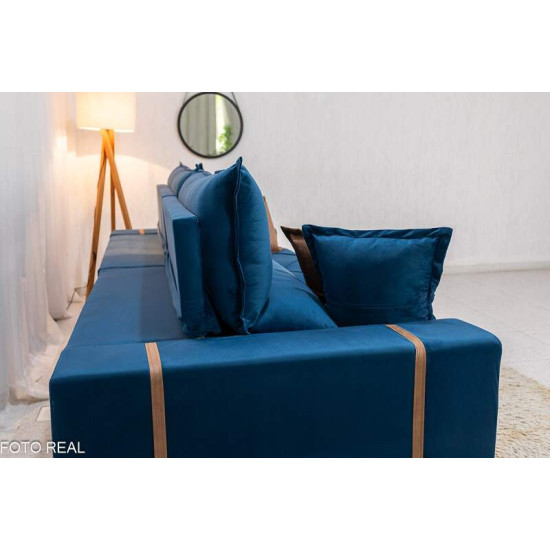 Sof� Retr�til Reclin�vel Gran Bello 2,90m Veludo Azul - Molas Ensacadas