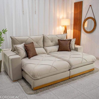 Sof� Retr�til Reclin�vel Gran Bello 2.90m Veludo Bege 01- Molas Ensacadas