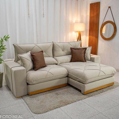 Sof� Retr�til Reclin�vel Gran Bello 2.90m Veludo Bege 01- Molas Ensacadas