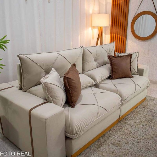 Sof Retrtil Reclinvel Gran Bello 2.90m Veludo Bege 01- D33 e Molas Ensacadas