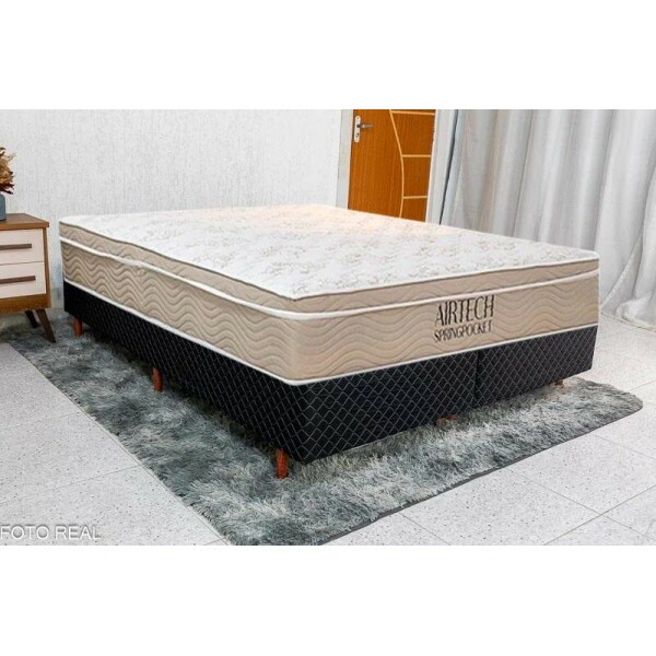 Box Queen Madrid Euro Preto + Colcho Queen Airtech Springpocket 158x198x62 Ortobom