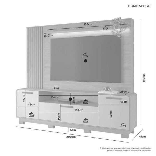Home Apego Cinamomo/Off C/ Luminria LED e Detalhe Ripado TV at 65 Polegadas Larg. 2.00m - JCM