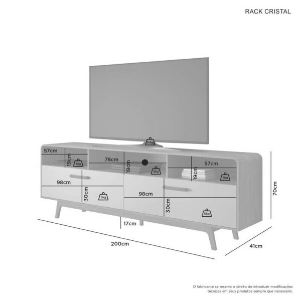 Rack Bancada Cristal Candian Cinamomo/Off TV at 70 Polegadas Larg. 2.00m - JCM