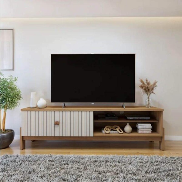 Rack Bancada Ouro Preto Cinamomo/Off com Detalhe Frisado TV at 65 Polegadas Larg. 1.64m - Valdemveis