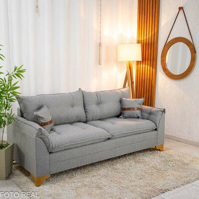 Sof 3 Lugares Creta Linho Cinza 27 Larg. 2.00m - Molas bonnel