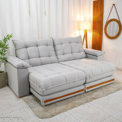 Sof Retrtil Reclinvel Barcelona 2.30m Linho Cinza Claro 461 - D28 e Molas Ensacadas
