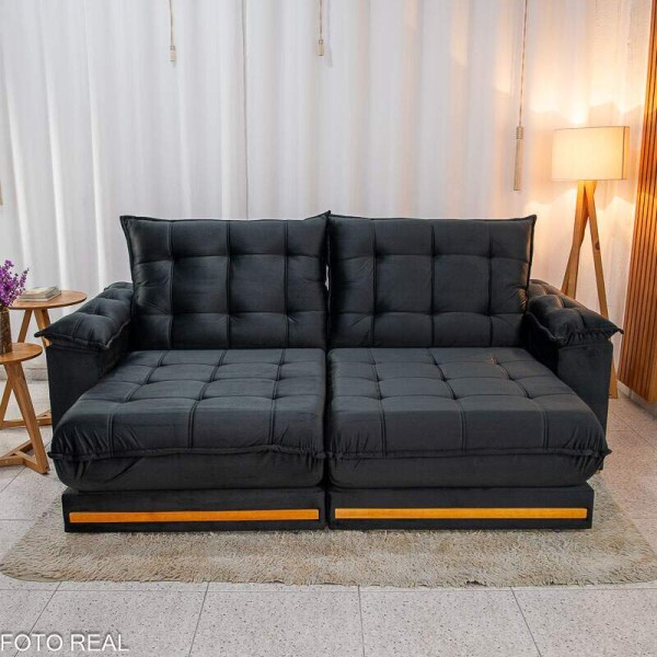 Sof Retrtil Reclinvel Barcelona 2.50m Veludo Preto 322 - D28 e Molas Ensacadas