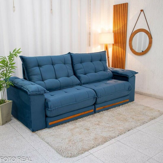 Sof� Retr�til Reclin�vel Barcelona 2,50m Veludo Azul 325 - D33 e Molas Ensacadas